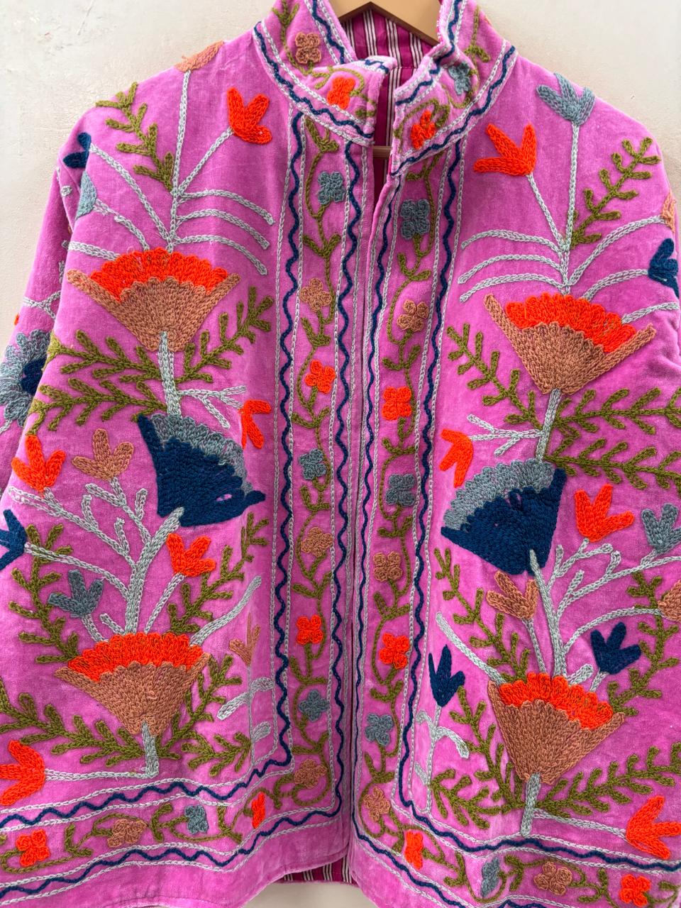 The Anaar Bloom — Suzani Hand-Embroidered Velvet Jacket — Orchid Pink with Rust, Sage & Indigo Florals