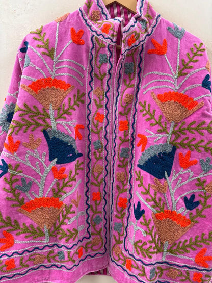 The Anaar Bloom — Suzani Hand-Embroidered Velvet Jacket — Orchid Pink with Rust, Sage & Indigo Florals