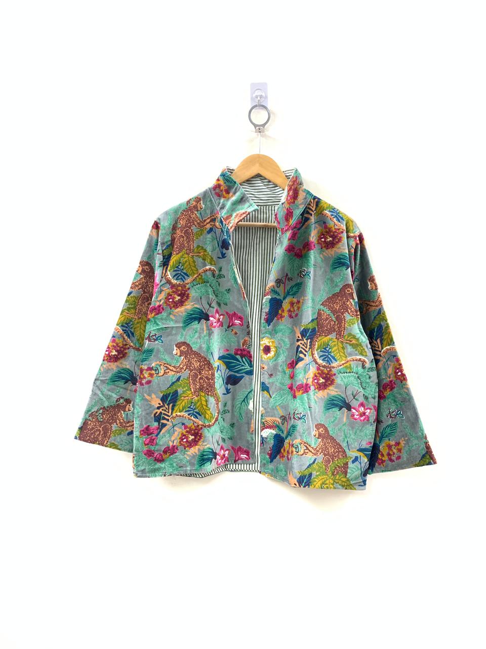The Jungle Durbar — Printed Velvet Jacket — Slate Grey & Tropical Bloom - Default Title - Zoshak Jacket