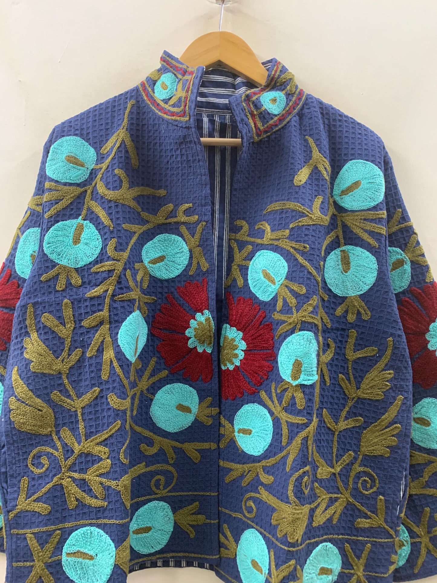 The Indigo Bloom — Hand-Embroidered Waffle Cotton Jacket - Default Title - Zoshak