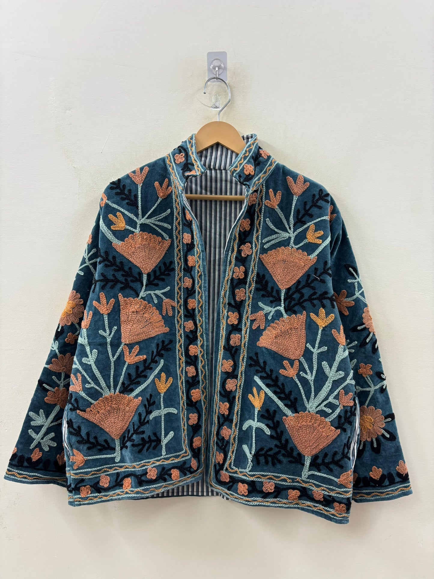 Suzani hand-embroidered antique rose velvet jacket with poppy and marigold floral motifs, handcrafted in Jaipur | Zoshak