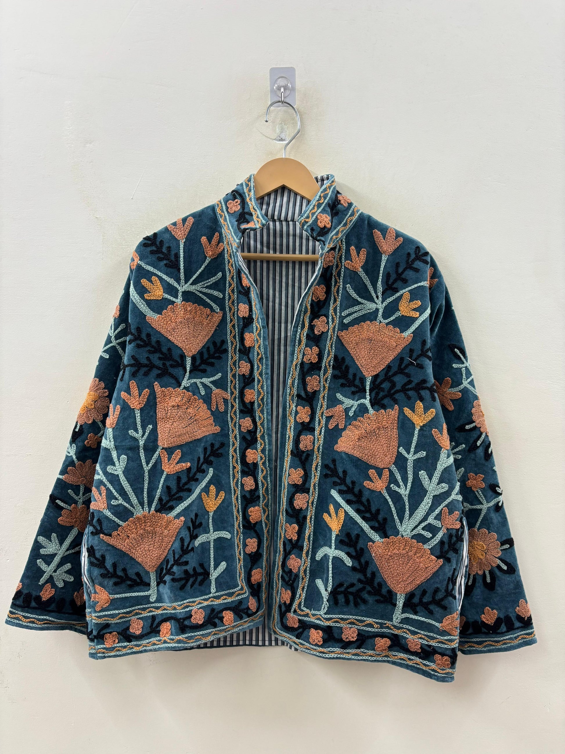 Suzani hand-embroidered antique rose velvet jacket with poppy and marigold floral motifs, handcrafted in Jaipur | Zoshak