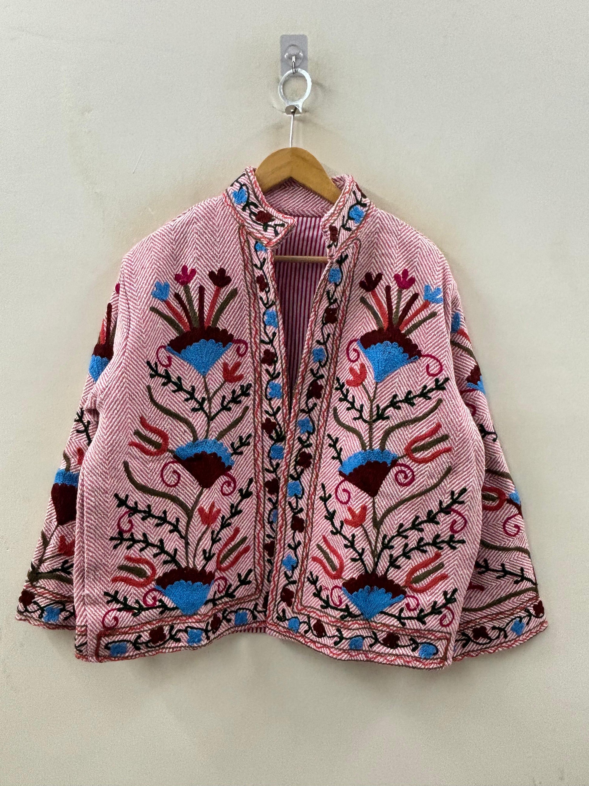 The Rose Garden Wanderer — Suzani-Inspired Hand-Embroidered Cotton Jacket — Dusty Rose Herringbone - Default Title - Zoshak Jacket