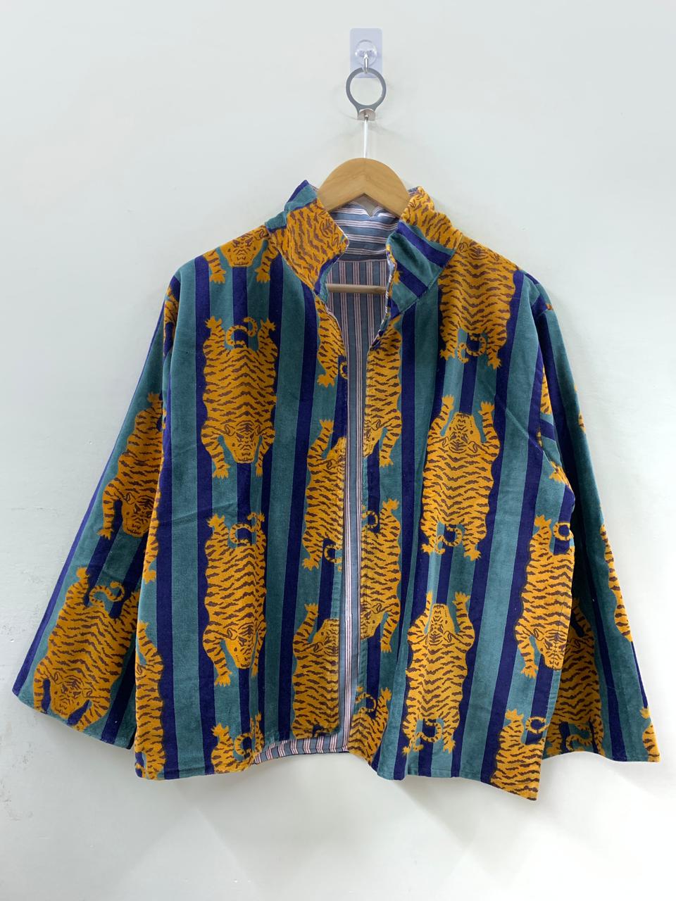 The Tiger Stripe — Block Printed Velvet Jacket — Saffron, Teal & Cobalt - Default Title - Zoshak Jacket