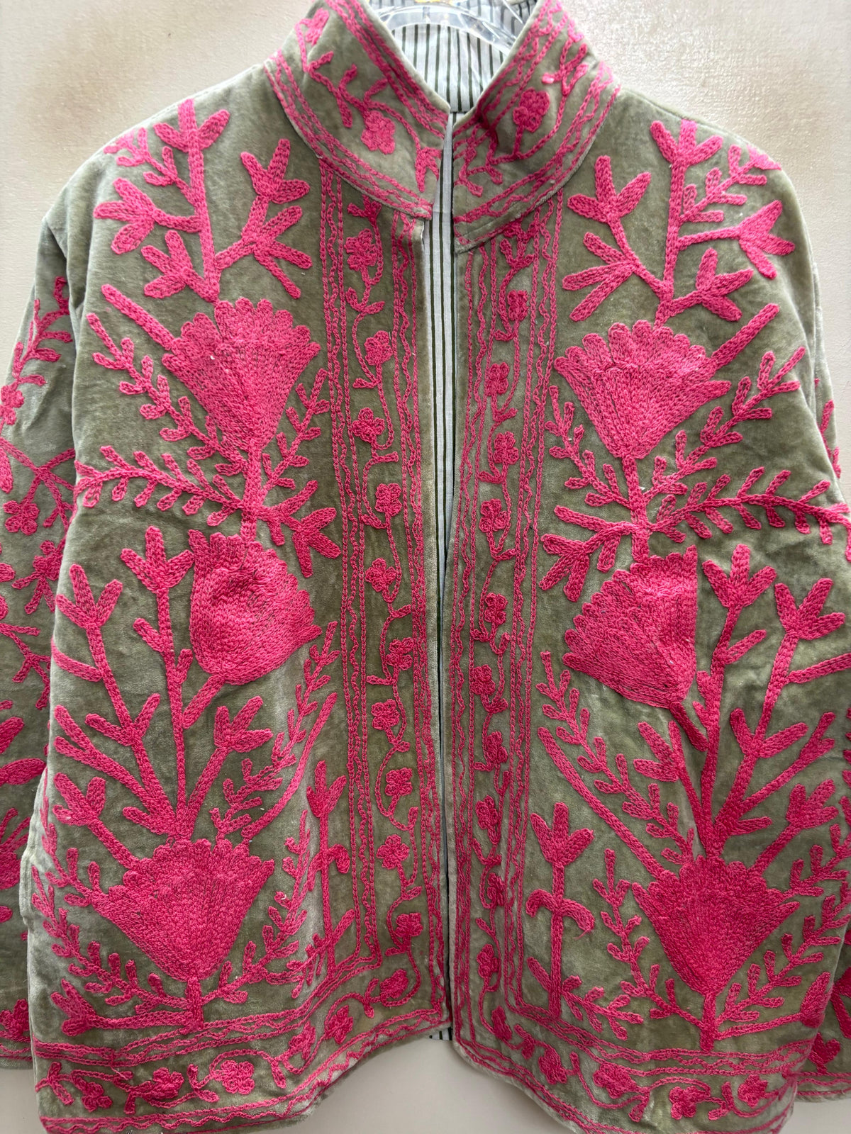 The Sagewood Bloom — Suzani Hand-Embroidered Velvet Jacket — Sage Green with Rani Pink Florals