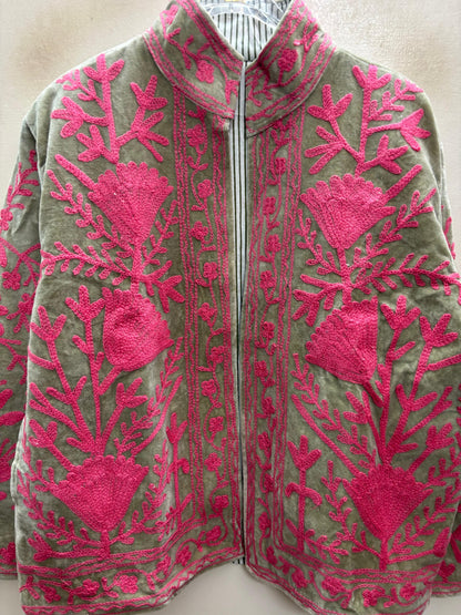 The Sagewood Bloom — Suzani Hand-Embroidered Velvet Jacket — Sage Green with Rani Pink Florals