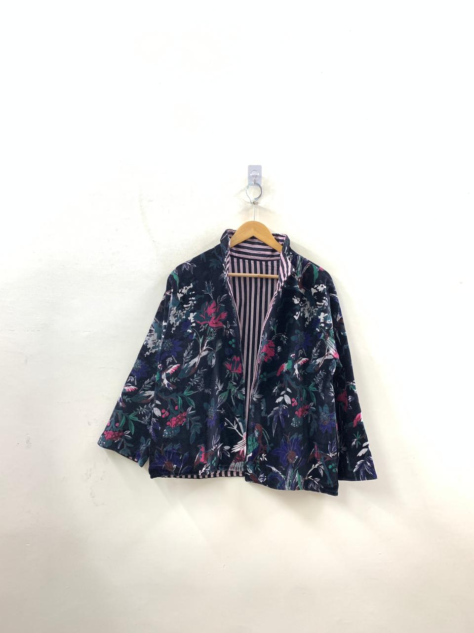 The Midnight Garden — Printed Velvet Jacket — Ink Navy with Botanical Birds - Default Title - Zoshak Jacket
