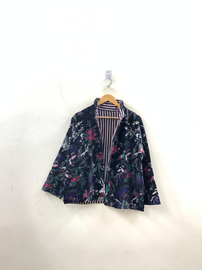 The Midnight Garden — Printed Velvet Jacket — Ink Navy with Botanical Birds - Default Title - Zoshak Jacket
