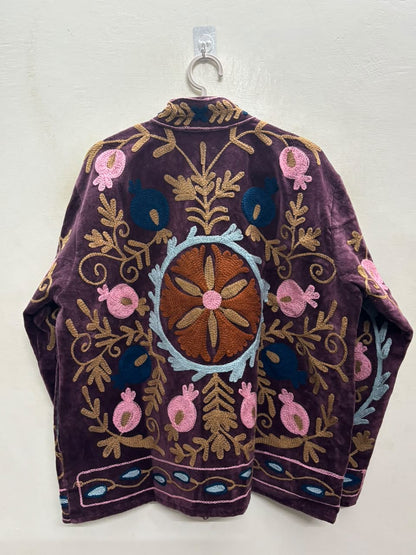 The Shiraz Anar — Suzani Hand-Embroidered Velvet Jacket — Aubergine Plum with Rust, Pink & Teal Florals