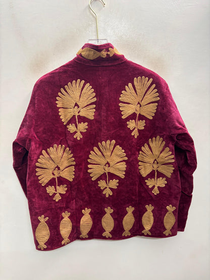 The Machli Bagh — Suzani Hand-Embroidered Velvet Jacket — Deep Maroon with Golden Fish & Palm Motifs