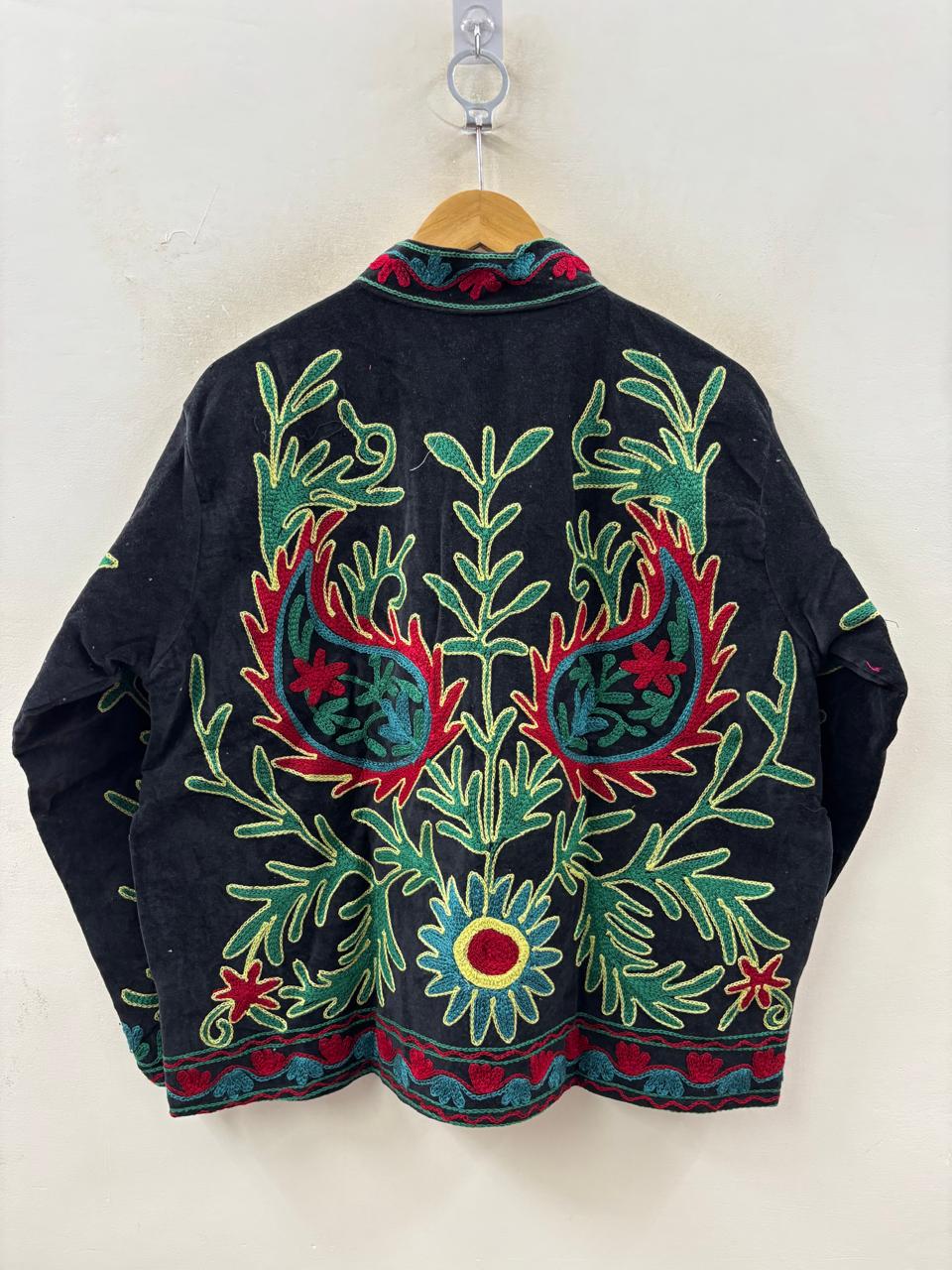 The Samarkand Garden — Suzani Hand-Embroidered Velvet Jacket — Midnight Black