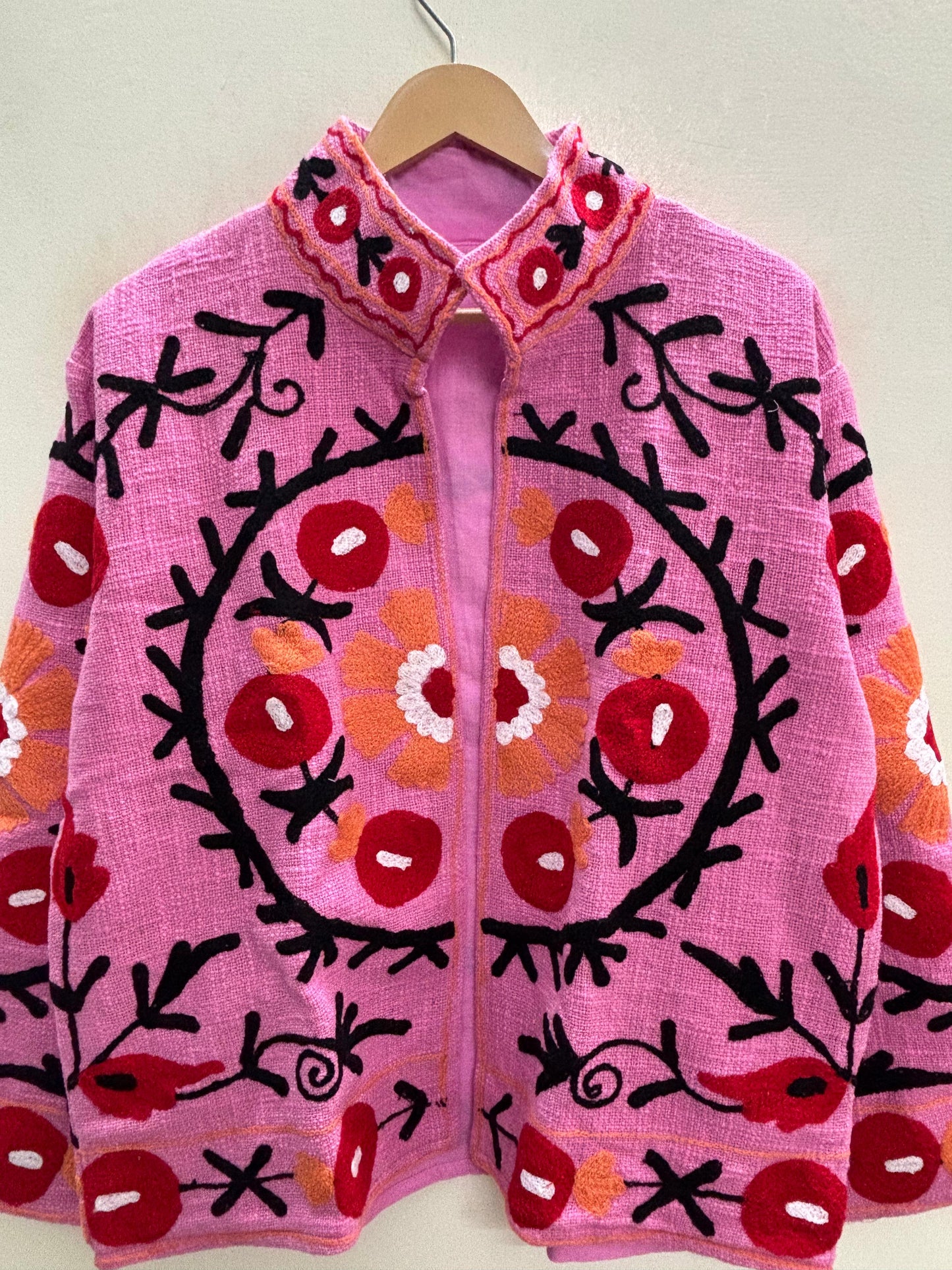 The Anaar Bagh — Suzani Embroidered Cotton Jacket — Blush Pink with Crimson Florals