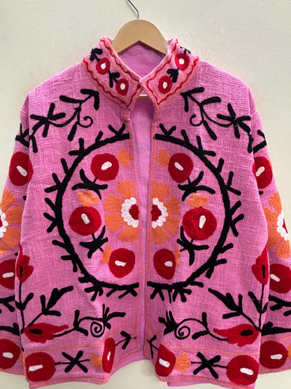 The Anaar Bagh — Suzani Embroidered Cotton Jacket — Blush Pink with Crimson Florals