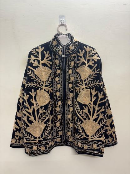 The Tilla Noir — Suzani Hand-Embroidered Velvet Jacket — Jet Black with Antique Gold Tulip & Vine Motifs