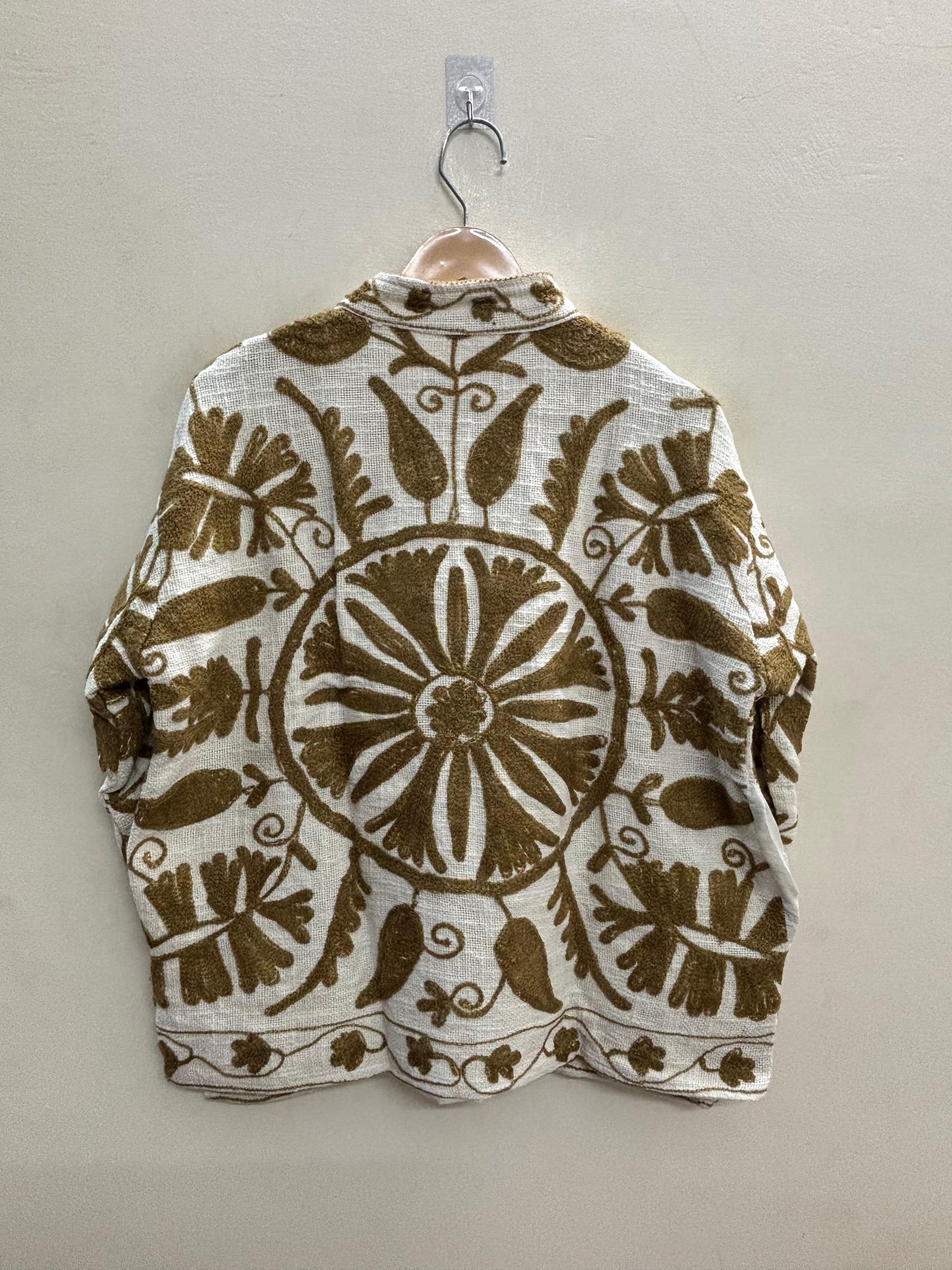 The Bibi Marigold — Suzani Hand-Embroidered Cotton Jacket — Ivory & Olive Gold
