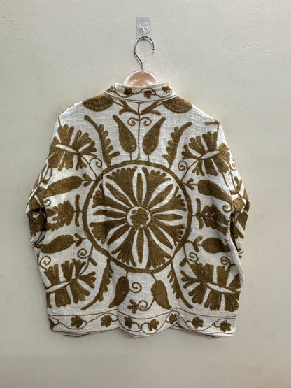 The Bibi Marigold — Suzani Hand-Embroidered Cotton Jacket — Ivory & Olive Gold