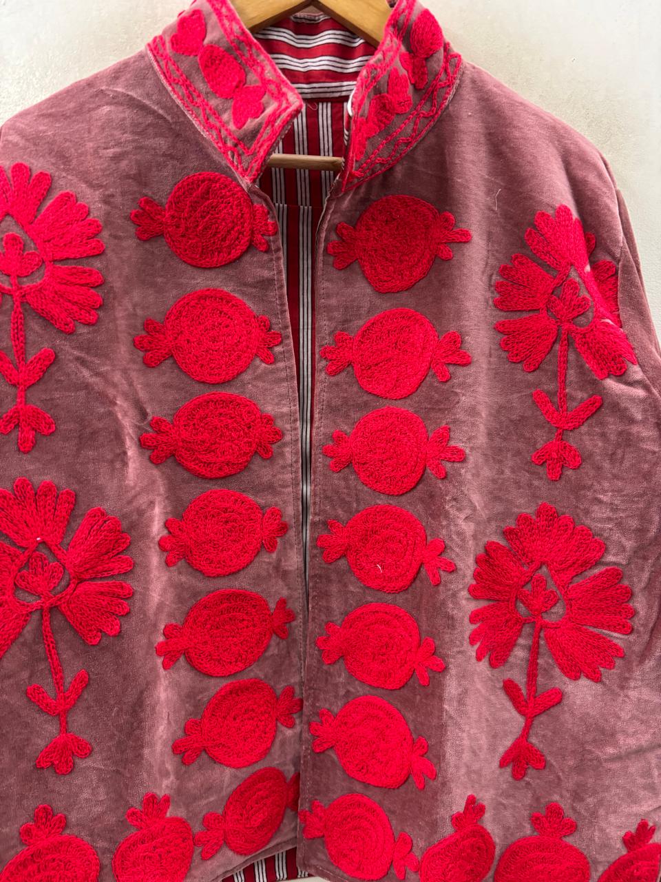 The Gulbahar — Suzani Hand-Embroidered Velvet Jacket — Dusty Rose & Crimson