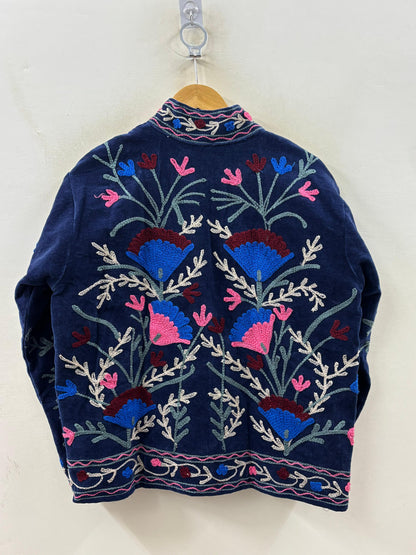 Suzani hand-embroidered indigo velvet jacket with floral bloom motifs, artisan chain-stitch embroidery handcrafted in Jaipur | Zoshak