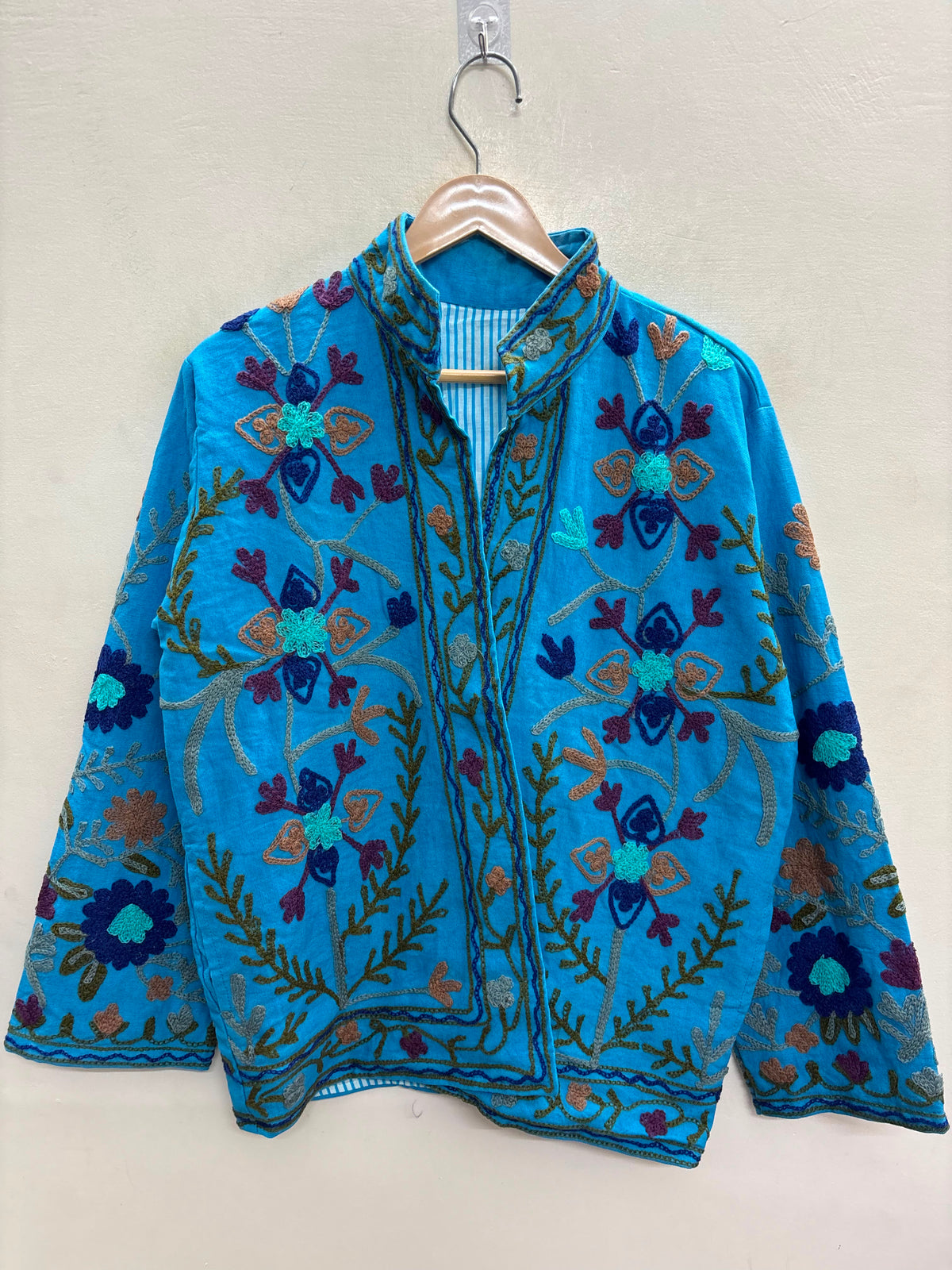The Turquoise Zahra — Suzani Hand-Embroidered Cotton Jacket — Sky Blue with Indigo & Maroon Florals