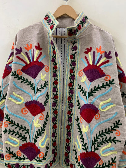 The Garden of Symmetry — Suzani-Inspired Hand-Embroidered Cotton Jacket — Stone Grey - Default Title - Zoshak Jacket