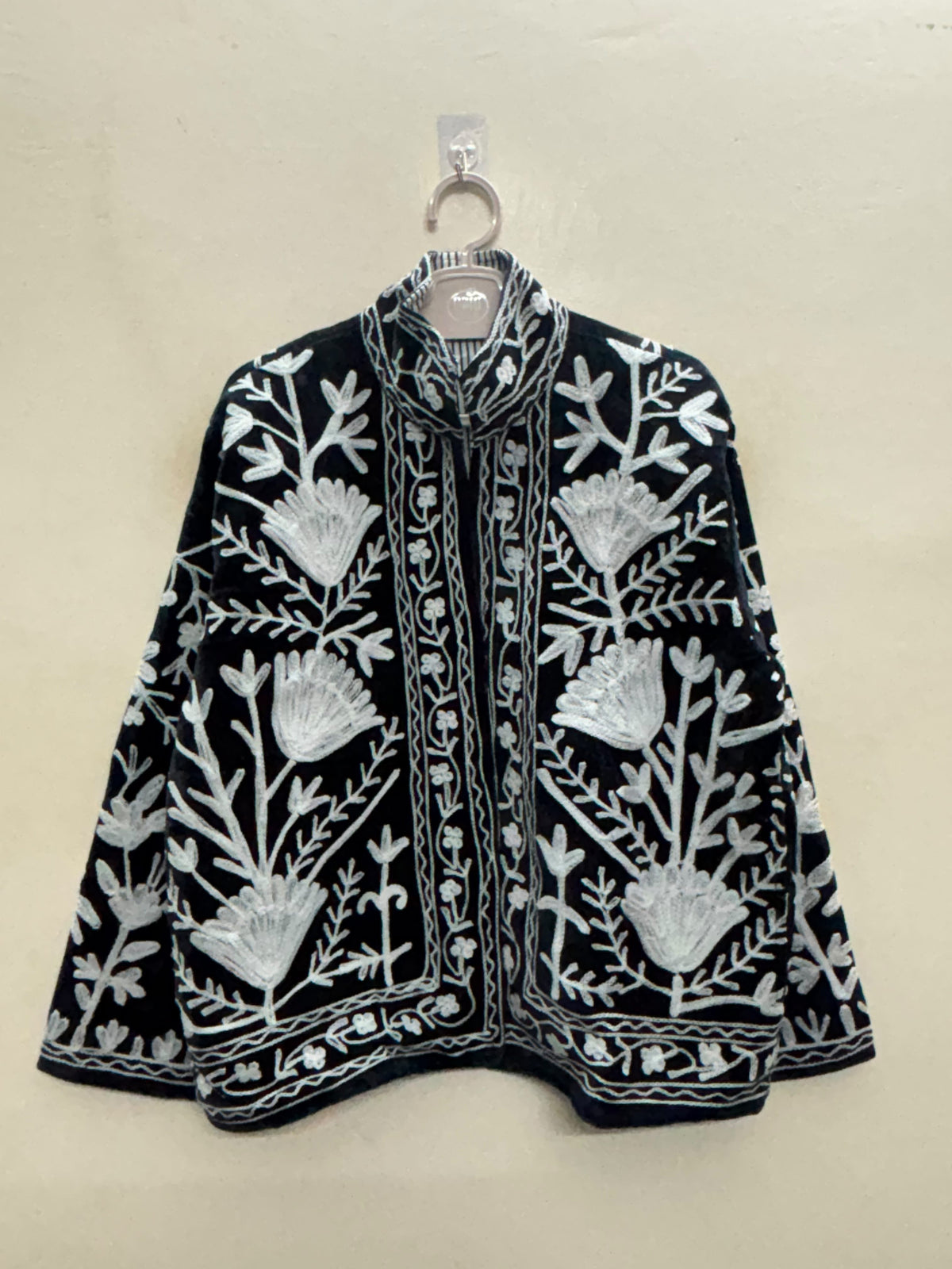 The Shabnam Bostan — Suzani Hand-Embroidered Cotton Jacket — Midnight Black with Ivory Tulip Vines