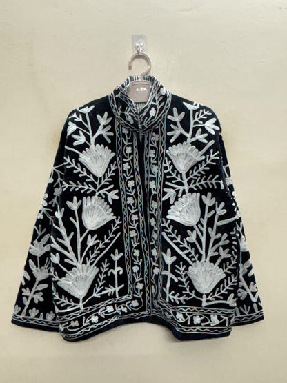 The Shabnam Bostan — Suzani Hand-Embroidered Cotton Jacket — Midnight Black with Ivory Tulip Vines