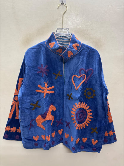 The Ashwa Mela — Suzani Hand-Embroidered Velvet Jacket — Cornflower Blue with Coral, Violet & Olive Folk Motifs