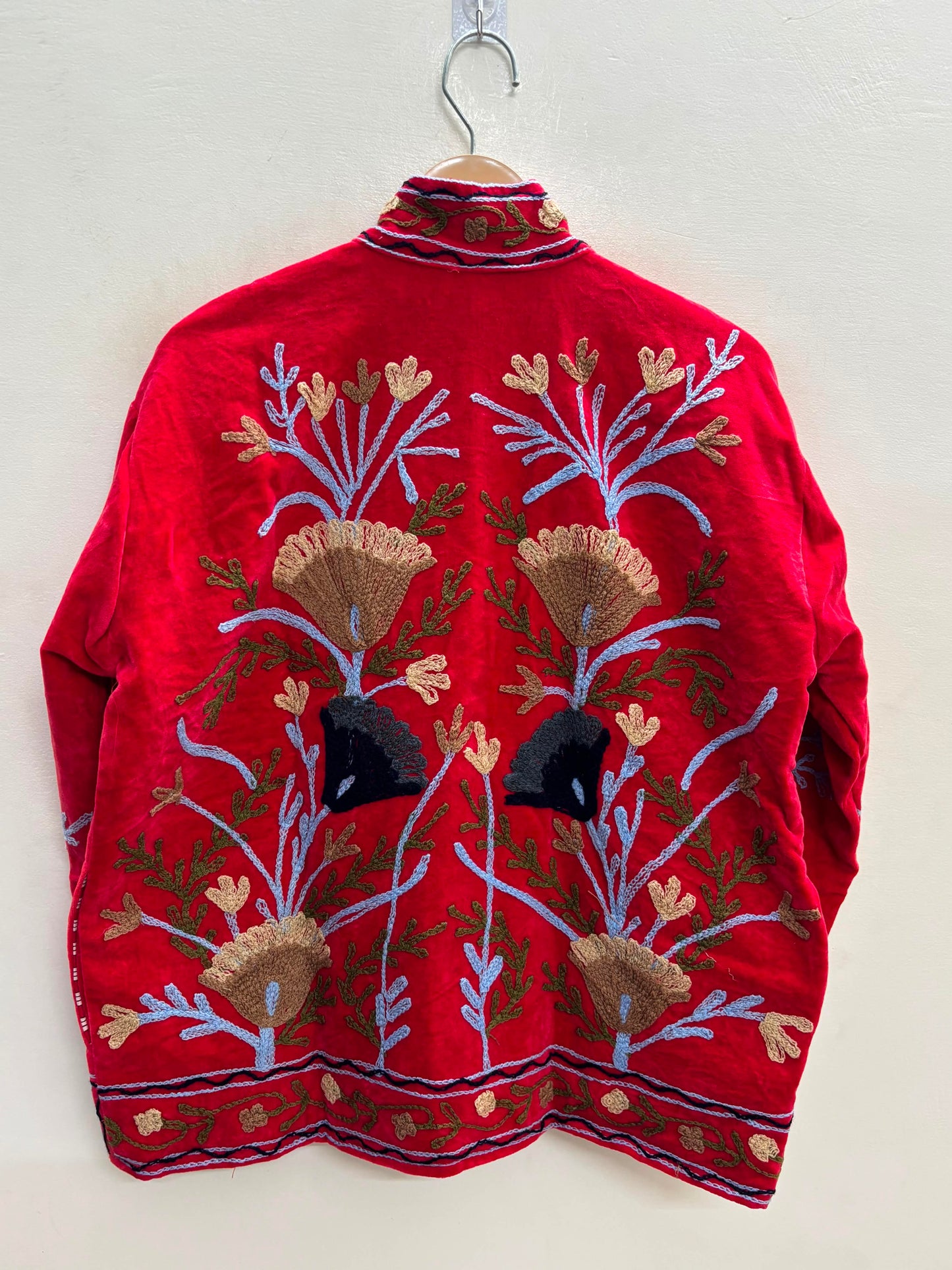 The Anaar Bloom — Suzani Embroidered Velvet Jacket — Crimson Red with Sage & Sand Florals