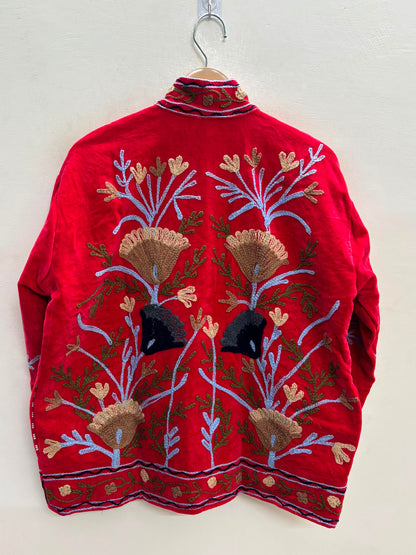 The Anaar Bloom — Suzani Embroidered Velvet Jacket — Crimson Red with Sage & Sand Florals