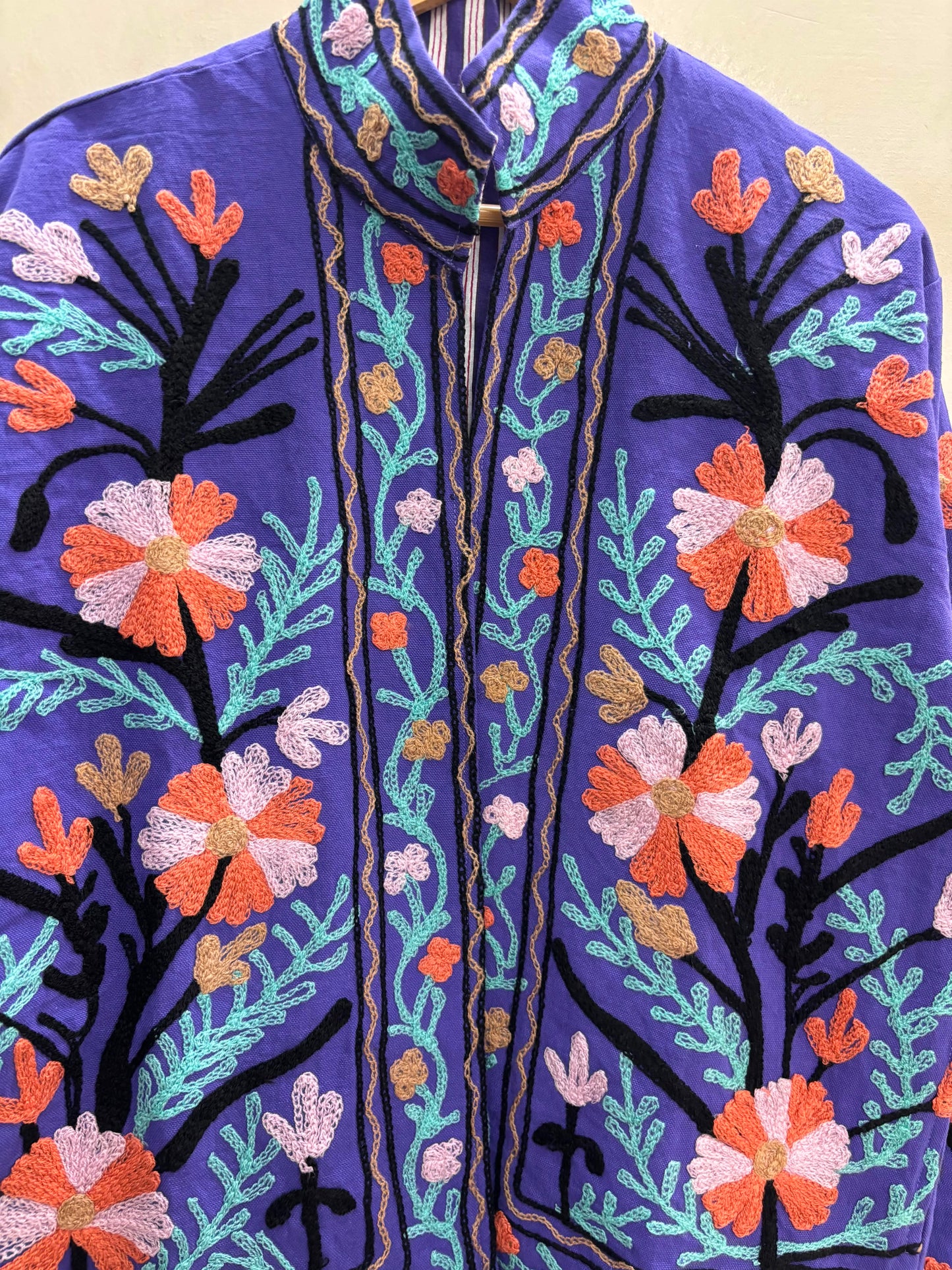 The Twilight Meadow — Suzani Embroidered Cotton Jacket — Violet & Coral Bloom