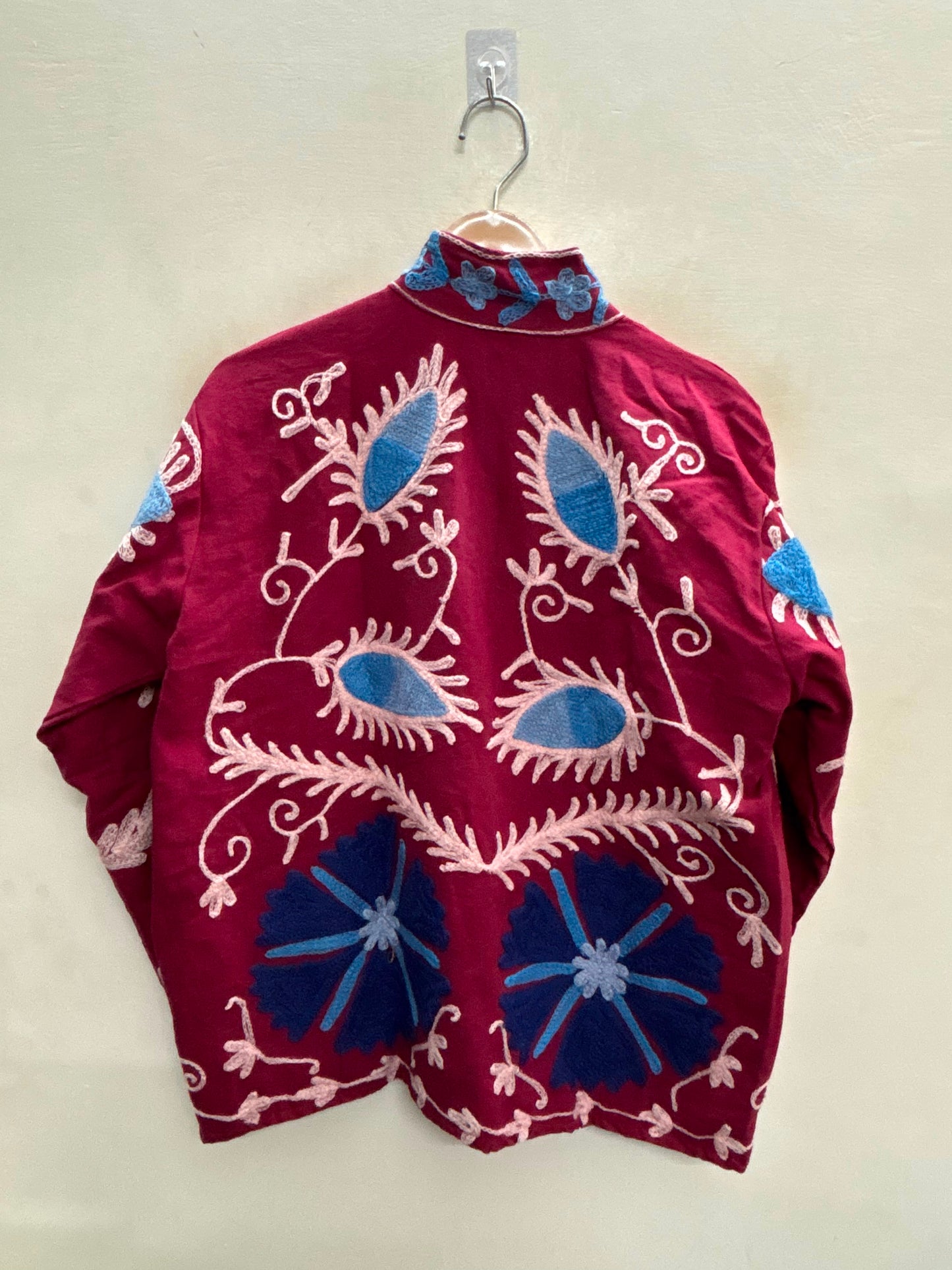 The Samarkand Bloom — Suzani Hand-Embroidered Cotton Jacket — Deep Maroon with Cornflower Blue
