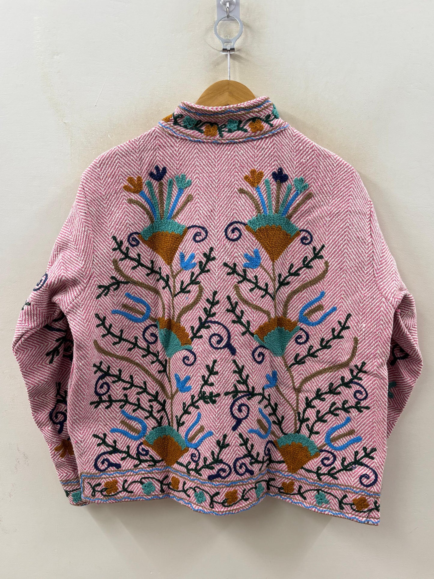 The Garden of Isphahan — Crewel Embroidered Cotton Jacket — Raspberry Herringbone - Default Title - Zoshak Jacket