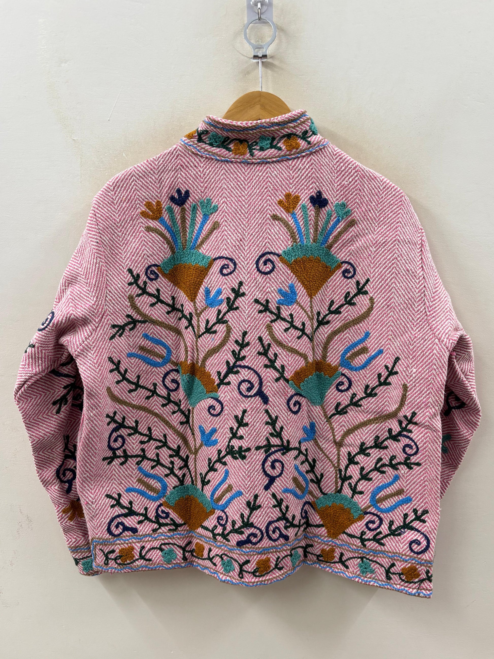 The Garden of Isphahan — Crewel Embroidered Cotton Jacket — Raspberry Herringbone - Default Title - Zoshak Jacket