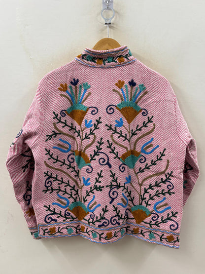 The Garden of Isphahan — Crewel Embroidered Cotton Jacket — Raspberry Herringbone - Default Title - Zoshak Jacket