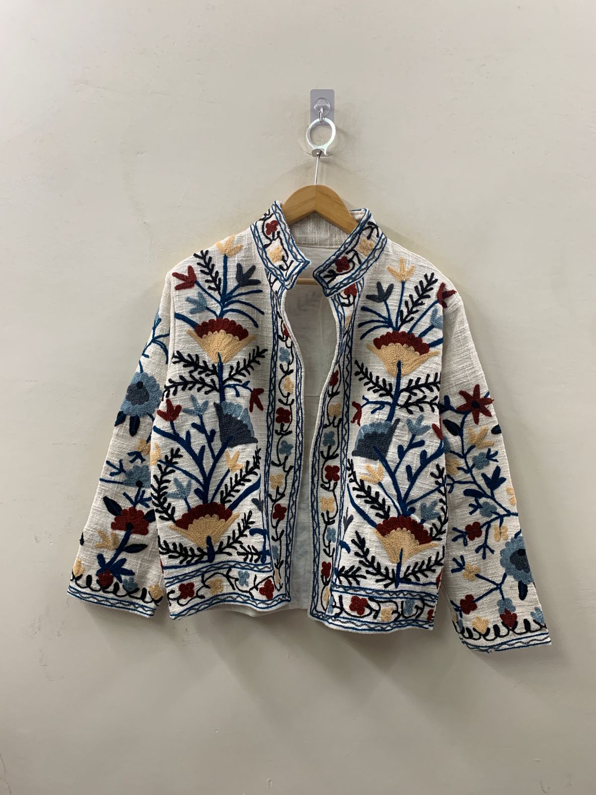 The Garden of Wandering Vines — Suzani-Inspired Chain Stitch Cotton Jacket — Ivory & Indigo - Default Title - Zoshak Jacket