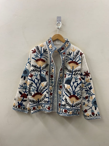 The Garden of Wandering Vines — Suzani-Inspired Chain Stitch Cotton Jacket — Ivory & Indigo - Default Title - Zoshak Jacket