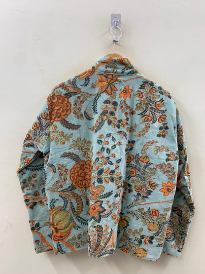 The Mughal Garden — Block-Printed Quilted Velvet Jacket — Dusty Aqua & Autumn Bloom - Default Title - Zoshak Jacket