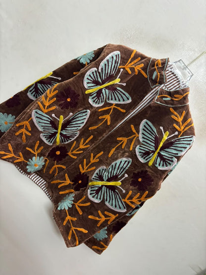 The Titli Meadow — Suzani Hand-Embroidered Velvet Jacket — Espresso Brown with Sage Butterflies & Marigold Vines