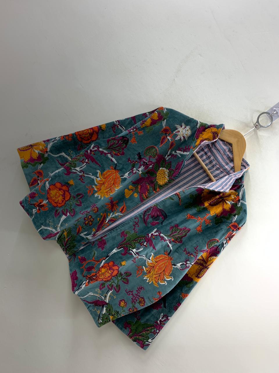 The Teal Garden — Block Printed Velvet Jacket — Teal & Saffron Floral - Default Title - Zoshak Jacket