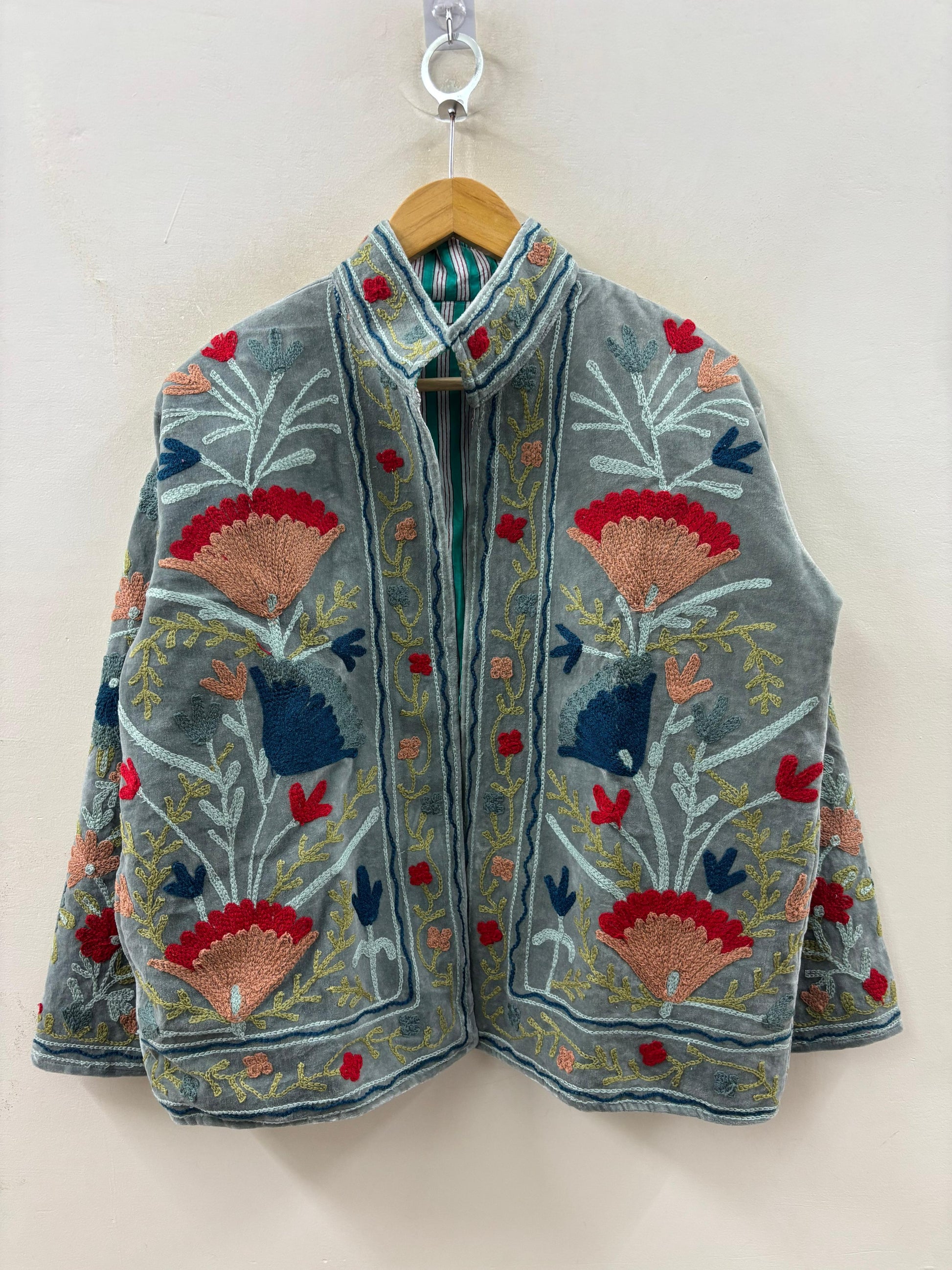 The Buzkashi Garden — Suzani Hand-Embroidered Velvet Jacket — Slate Blue - Default Title - Zoshak Jacket