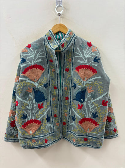 The Buzkashi Garden — Suzani Hand-Embroidered Velvet Jacket — Slate Blue - Default Title - Zoshak Jacket