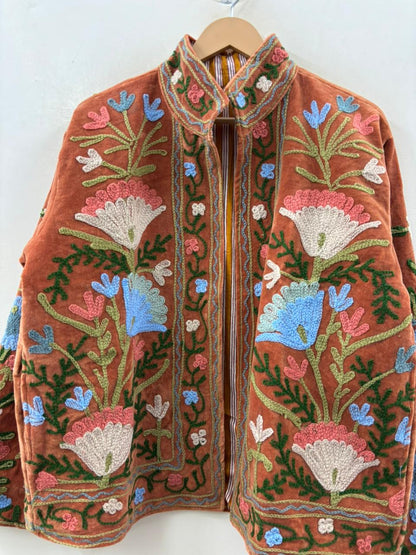 The Saffron Garden — Suzani Hand-Embroidered Velvet Jacket — Burnt Terracotta - Default Title - Zoshak Jacket