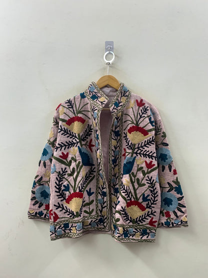 The Garden of Wandering Blooms — Crewel Embroidered Cotton Jacket — Blush Rose - Default Title - Zoshak Jacket