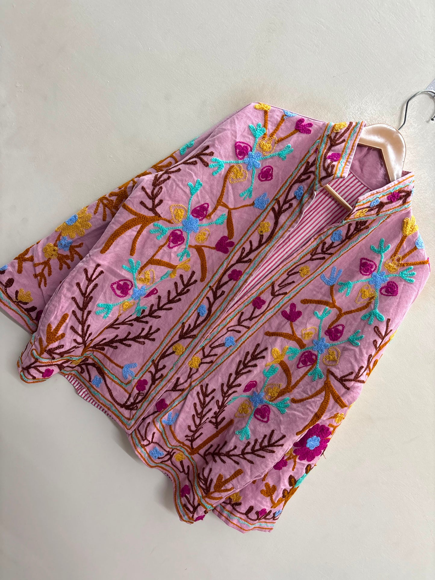 The Blossom Trellis — Suzani-Style Hand-Embroidered Cotton Jacket — Blush Pink