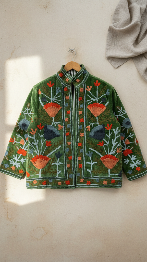 The Gulbadan Forest — Peach Edition · Hand Suzani Embroidered Velvet Jacket - Default Title - Zoshak
