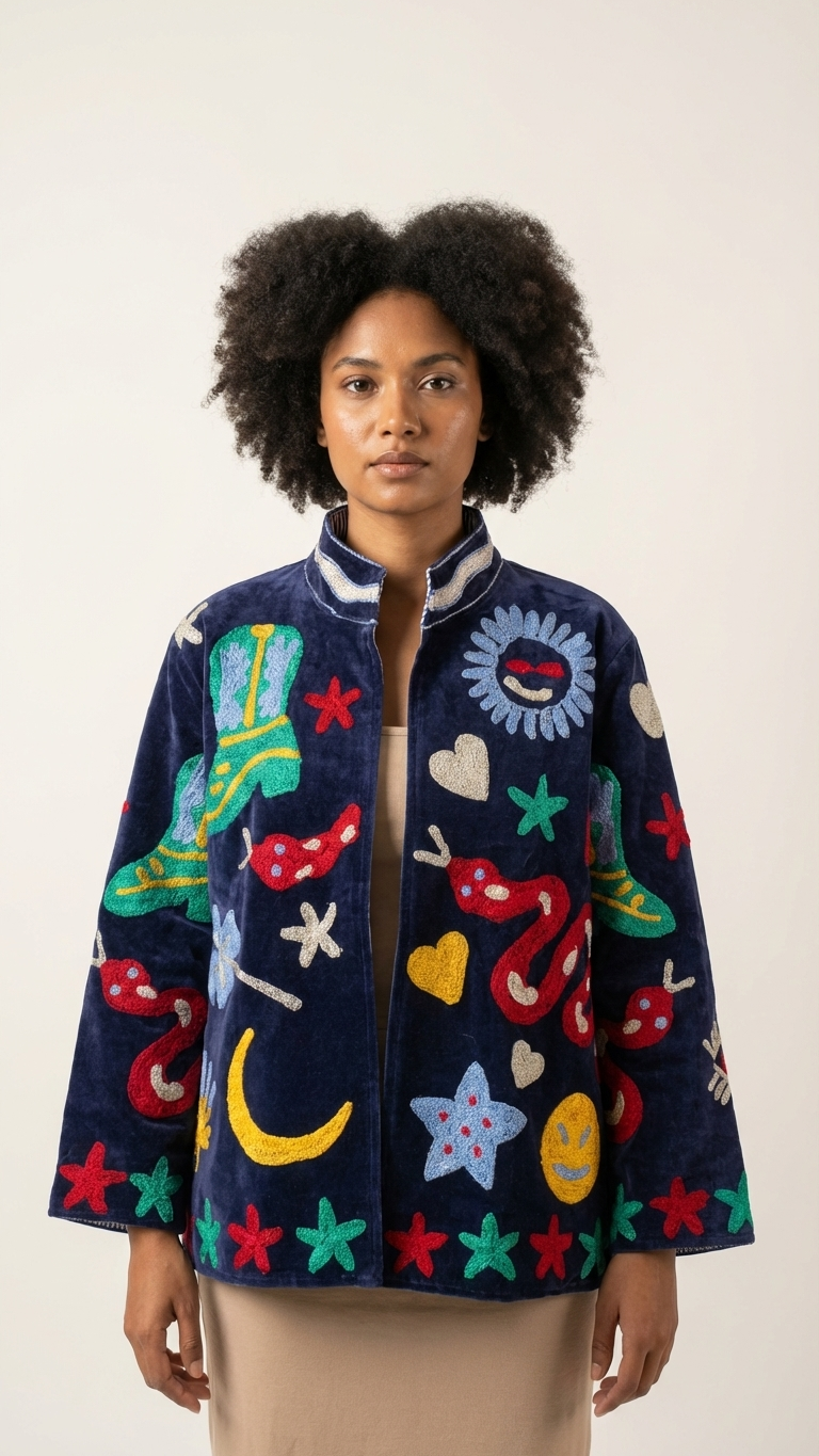 The Nazar — Primary Soul Edition — Hand-Embroidered Navy Velvet Jacket - Default Title - Zoshak