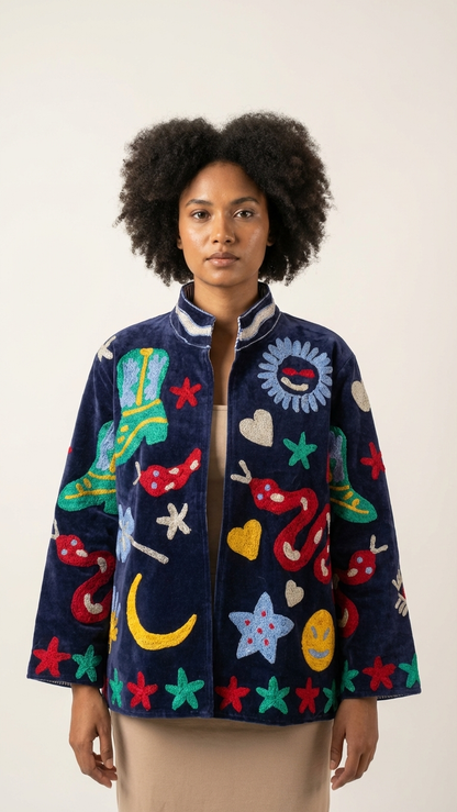 The Nazar — Primary Soul Edition — Hand-Embroidered Navy Velvet Jacket - Default Title - Zoshak