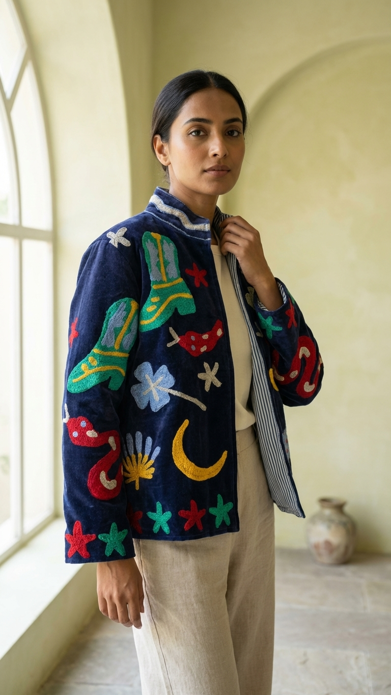 The Nazar — Primary Soul Edition — Hand-Embroidered Navy Velvet Jacket - Default Title - Zoshak