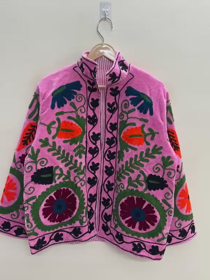 The Bibi Blossom — Suzani Embroidered Velvet Jacket — Bubblegum Pink