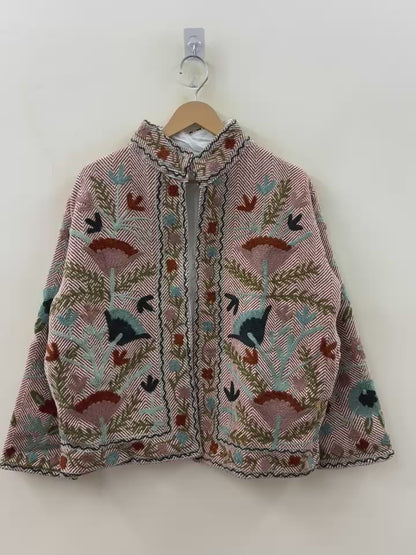 The Garden of Wandering Birds — Crewel Embroidered Herringbone Cotton Jacket — Dusty Rose & Ivory